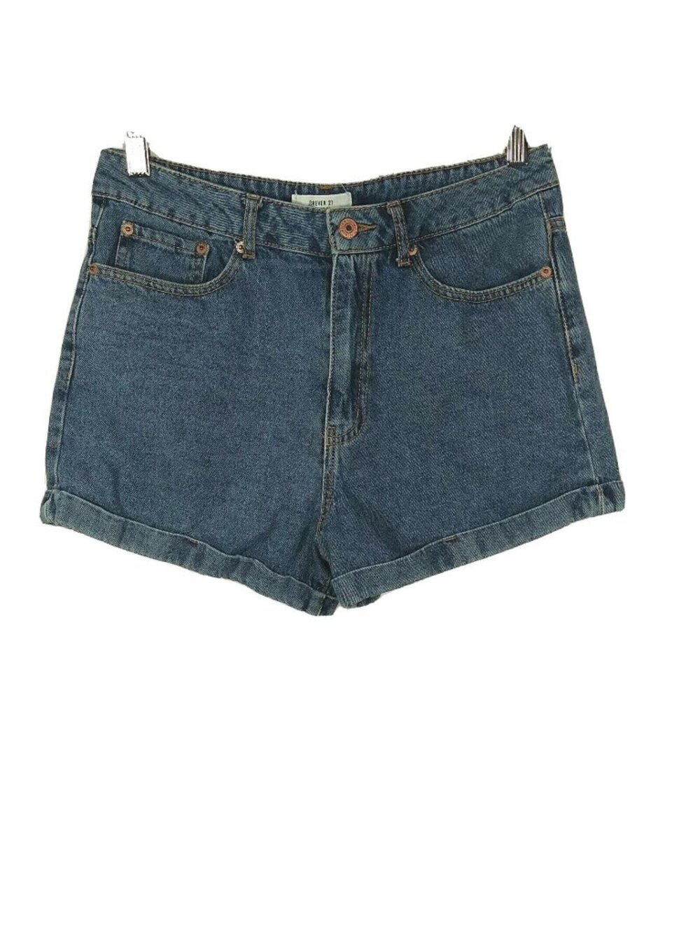 Forever 21 Denim Jean Shorts Women Juniors Size 28 Cuffed High Rise Blue Pockets